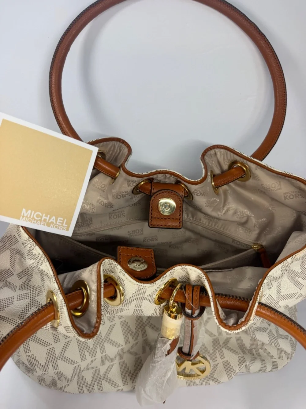 Michael Kors Medium Ring Tote PVC Signature Shoulder Bag Handbag Purse in White